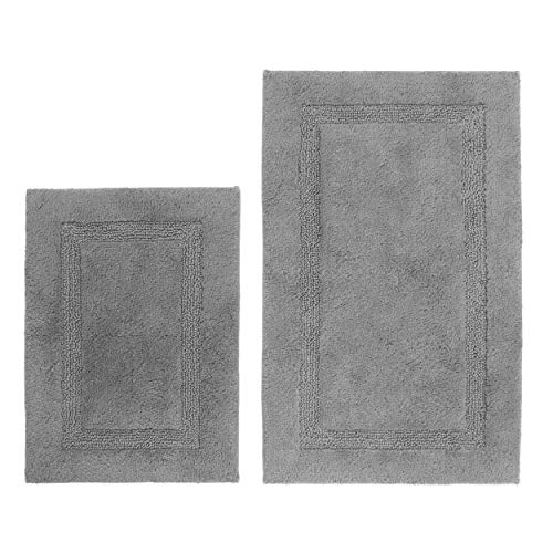 Nautica Soft & Absorbent Cotton Bath Mat, Modern Bathroom Decor, 2 Piece Rug Set, ton Dark Grey
