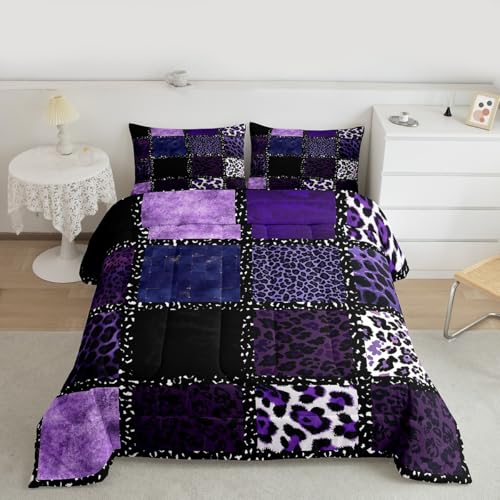Erosebridal Purple Leopard Print Queen Comforter Set for Kids Teens Adults,Animal Skin Texture Bedding Set,Patchwork Geometric Duvet Insert,Farmhouse Bed Set for All Season