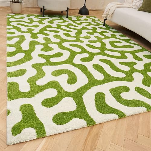 THE RUGS Joli Area Rug - Soft Dense Pile Modern Artistic Design, Durable & Easy Care Carpet for Living Room & Bedroom - Doodle Green & White, 80 x 150 cm