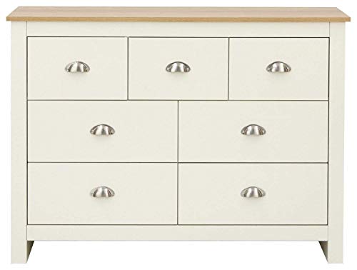 GFW Lancaster 7 Drawer Chest, Shaker Style Merchants Chest of Drawers with Oak Effect Top & Brushed Steel Handles