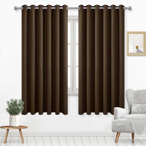 DWCN Blackout Curtains 63 Inch Length, Room Drakening Curtains for Bedroom, Solid Grommet Living Room Curtains Extra Wide Curtains, Brown, W70 x L63 Inch, 2 Panels
