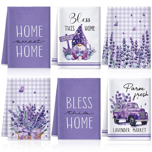 VitalCozy 6 Pcs Lavender Summer Kitchen Towel Set Funny Housewife Farmhouse Rustic Bath Hand Towel for Holiday Bathroom Gift, 24 x 16 Inches(Purple,Lavender)