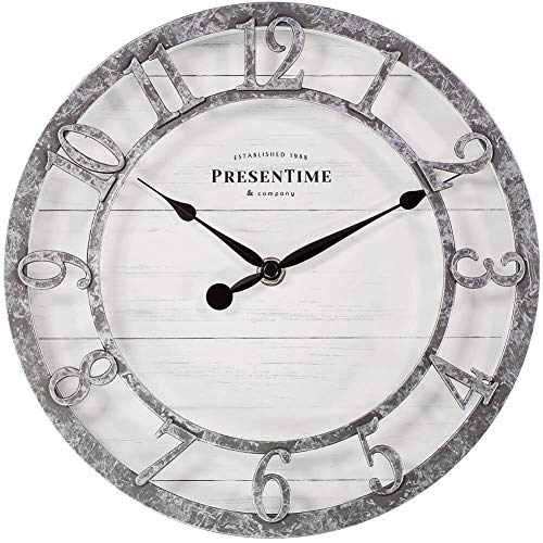 "PRESENTIME & Co 10"" Farmhouse Series Wall Clock, Quartz Movement, Shiplap Style, Raised 3D Arabic Numeral, Galvanized Finish"