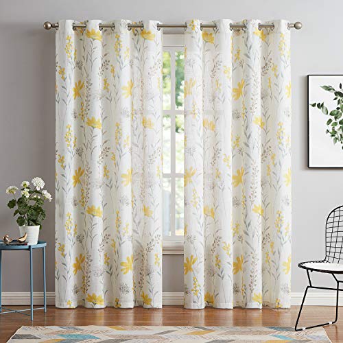 July Joy Printed Sheer Curtains Linen Textured for Living Room Floral Leaf Design Farmhouse Style Window Panel Drapes Set Grommet Treatment for Bedroom, Dining, 52 x 84 inch, Yellow