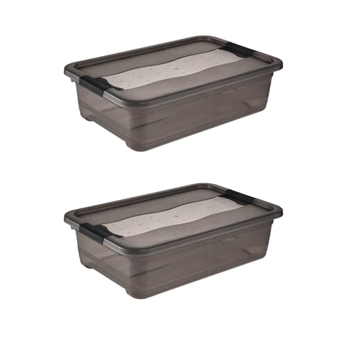 keeeper Cornelia 2 x Storage Box with Lid and Sliding Closure, 59.5 x 39.5 x 17 cm, 28 L, Crystal Grey