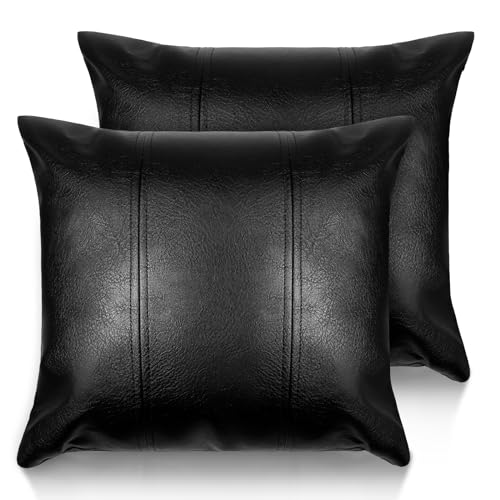AOOTOOLINK Faux Leather Throw Pillow Cover 18X18 Inch Set of 2 Black Outdoor Modern Farmhouse Solid Decorative Pillow Covers for Room Couch Living Bedroom Bed Sofa