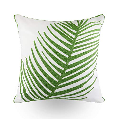 Hodeco Embroidery Throw Pillow Cover 18x18 Inches Decorative Floor Pillow for Couch 100% Cotton Cushion Cover Tropical Green Palm Leaf Embroidered Pillowcase 45x45cm, 1 Piece