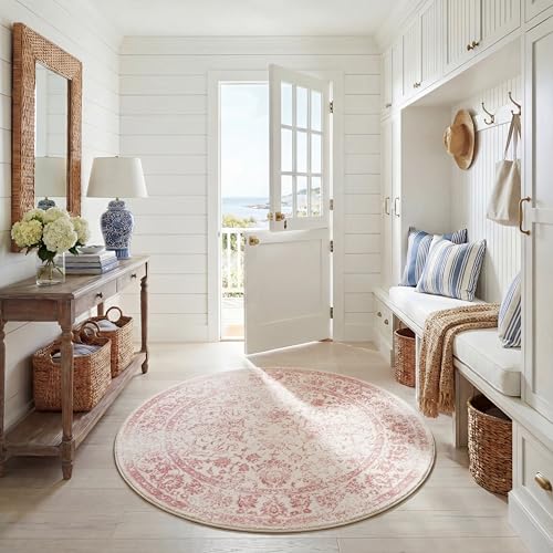 Safavieh Distressed Rug for Living Room, Dining Room, Bedroom - Adirondack Collection, Short Pile, in Ivory and Rose, 200 X 200 cm