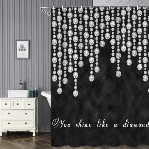 Umpoo Sparkling Diamond Shower Curtains Silver Shiny Drips Black Gothic Grunge Wall You Shine Like a Diamond Bathroom Decor Shower Curtain Sets with Hooks Polyester Fabric, 60 x 72 Inch