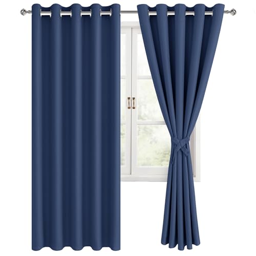 Hiasan Blackout Curtains for Bedroom, 60 x 63 Inches Length - Thermal Insulated & Energy Saving Window Curtains for Living Room, 2 Drape Panels Sewn with Tiebacks, Navy