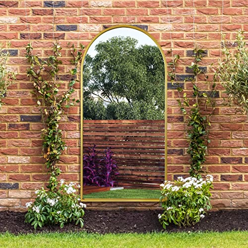"MirrorOutlet The Arcus - Gold Framed Modern Full Length Arched Garden Wall Mirror 71"" X 35"" (180CM X 90CM) Silver Mirror Glass with Black All weather Backing."