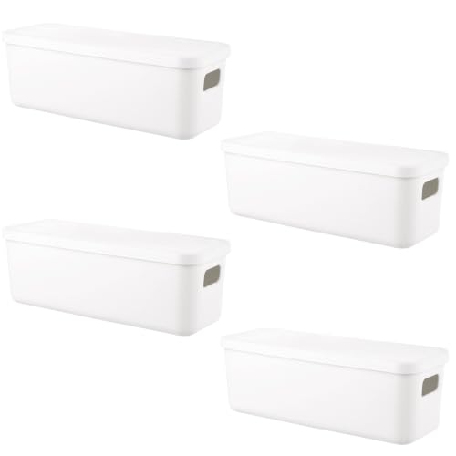 Aselected 4 Pcs Plastic Storage Box, White Storage Boxes with Lids, Small Cupboard Organiser with Handles for Kitchen, Office, Bathroom (28x10x9.2cm)