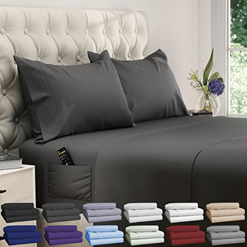 DREAMCARE California King Sheet Sets ??? 4 pcs Cooling Sheets ??? up to 21??? Deep Cal King Sheets ??? Hotel Luxury Sheets & Pillowcases ??? Superior Softness 100% Fine Microfiber with Side Pocket ??? Gray