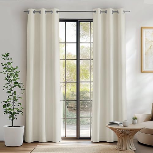 FMFUNCTEX 100% Blackout Beige Curtains 40x84 Inch Grommet Drapes 2 Panels - Black out Drapes, Thermal Insulated Noise Reducing, Textured Weave, Room Darkening, Window Curtain, for Living Room,Grommet