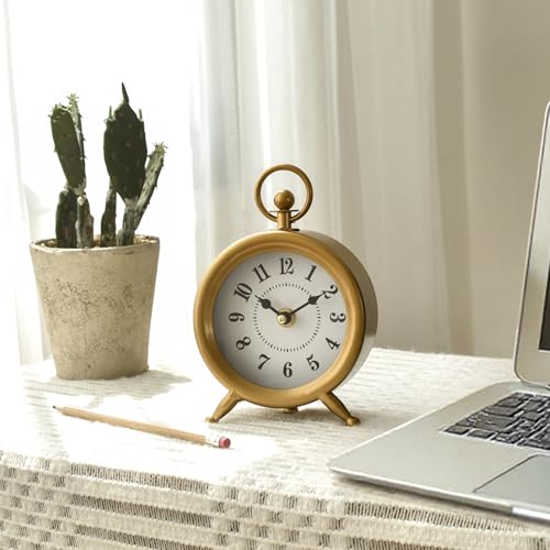 EMAX HOME Small Gold Desk and Shelf Clock, 4.7*7.3 Inch Retro Elegant Tabletop Clock with Glass Cover, Silent Non-Ticking Battery Operated Decorative Clock for Living Room, Office, Bedroom, Gift Idea