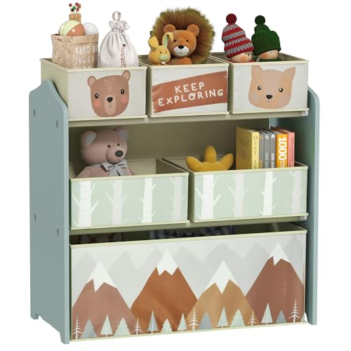ZONEKIZ Kids Storage Unit with 6 Fabric Bins Bedroom 63 x 30 x 66cm Green