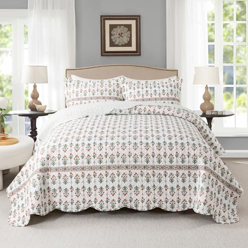 Travan 3-Piece Quilt Set Quilted Bedspread Lightweight Coverlet Set Garden Style Floral Printed Oversized Quilted Bedding Set for All Season, Orange Mirror, Queen Size
