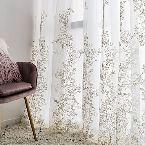 Amidoudou 1 Pair Luxury Embroidered Tulle Curtains for Living Room Wedding 3D Gold Flower Sheer Curtains (White,63x90 Inch)