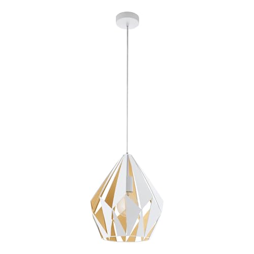"Eglo Carlton 1 Vintage Pendant Lamp, Retro White and Honey Gold Steel Hanging Light, E27 Socket, Ø 31 cm (12.2"")"
