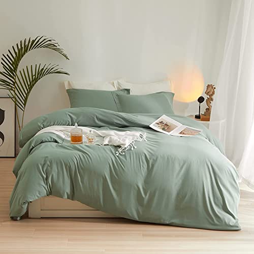 Sage Green Duvet Cover Full Size Soft Washed Microfiber 3 Pieces Bedding Set 1 Duvet Cover 80”x90” with 2 Pillowcases Light Green Comforter Cover Modern Soft Full Duvet Cover with Zipper Closure