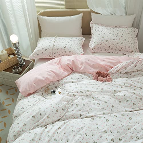 Girls' Cotton Pink Floral Duvet Cover Set - Chic Garden Flower Bedding Full Size - Lightweight Soft Aesthetic Comforter with 2 Pillowcases
