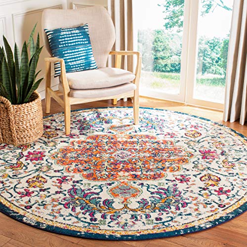 Safavieh Boho Rug for Living Room, Dining Room, Bedroom - Madison Collection, Short Pile, in Ivory and Orange, 91 x 91 cm