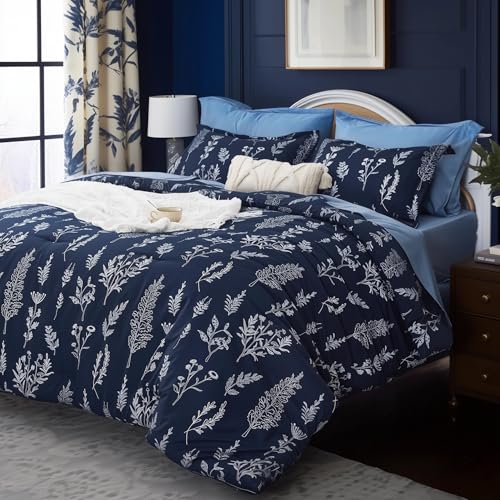 Kozyhvn Floral Comforter Set Full Navy Blue, Cute Flower Bed in a Bag Full Boho 7 Pieces, Soft Fluffy Bedding Sets with Comforter, Sheets, Pillowcases & Shams, All Season