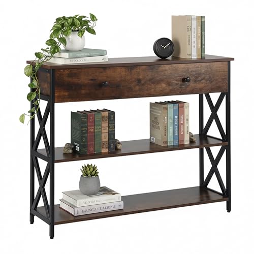 Relaxdays Console Table, Industrial, HWD: 80x100x30 cm, Metal, MDF, Slim Console with Drawer, Hallway, Brown/Black