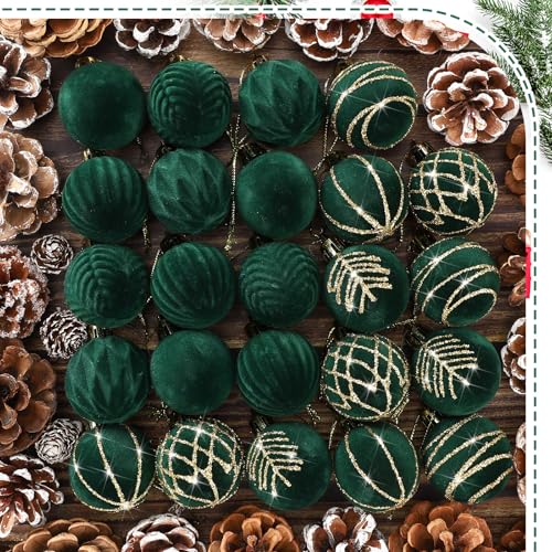 Namalu Green 24 Pcs 1.57 Inches Velvet Ornaments for Christmas Tree Decor, Mini Flocked Christmas Balls Decoration Glitter Hanging Tree Ornaments for Holiday Rustic Modern Party Decor