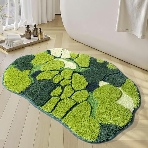 RORA Green Moss Bathroom Rugs Cute Leaf Bath Mat for Bathroom Non Slip Soft Microfiber Water Absorbent Aesthetic Green Bathroom Decor Boho Plush Rug for Shower, 32×20 Inch