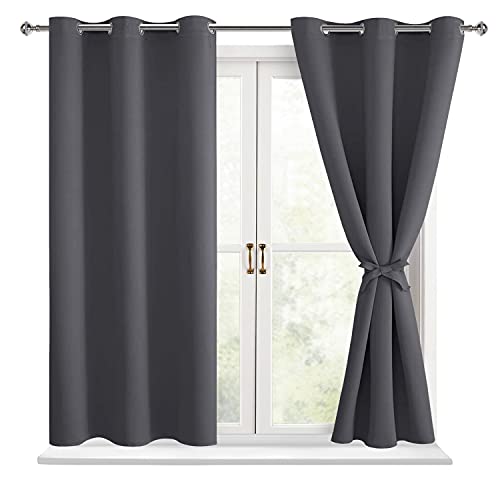 Hiasan Blackout Curtains for Bedroom - Thermal Insulated & Light Blocking Window Curtains for Living Room, 2 Drape Panels Sewn with Tiebacks, Dark Grey, 42 x 54 Inch