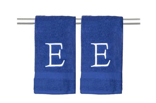 Navy with White Monogrammed Hand Towels for Bathroom - Set of 2 Letter E - Luxury Hotel Quality Initial Towels For Powder Room, Spa, GOTS Organic Certified