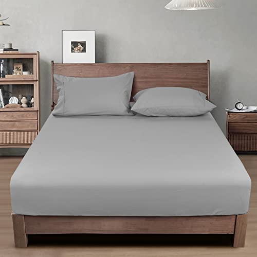 "PHF 100% Washed Cotton Fitted Sheet King Size - Ultra Soft Bottom Sheets with Elastic Deep Pockets, Easy Fit Breathable Warm not Shrink,78""x 80"",Grey"