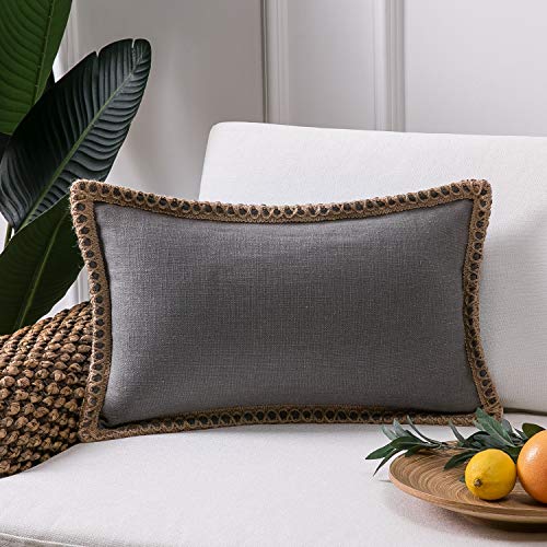 Phantoscope Farmhouse Decorative Throw Pillow Cover Burlap Linen Trimmed Tailored Edges Outdoor Pillow Grey 12 x 20 inches, 30 x 50 cm