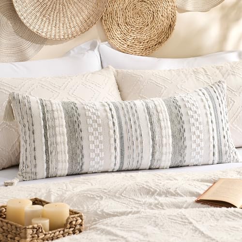Kevin Textile 14x36 Inch Long Lumbar Pillow Cover 1 Pack Boho Decorative Rectangle Cushion Case Throw Soft Chenille Thread Woven Tufted Textured Farmhouse Accent for Living Room Couch Sofa Bed, Grey