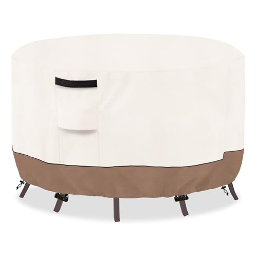 "SoloToo Round Outdoor Table Cover Waterproof Heavy Duty Patio Furniture Covers, Round Patio Table Chair Set Covers - 72"" Dia x 28"" H (Beige & Brown)"
