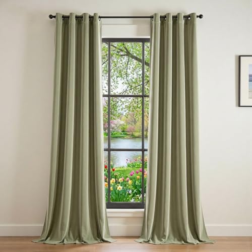 Lazzzy Sage Blackout Velvet Curtains - Thermal Insulated, 108 Inch Extra Long Drapes for Bedroom & Living Room - Darkening Window Treatments - Grommet Curtains (1 Panel) - Sage Green