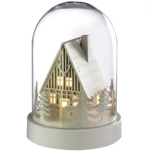 WeRChristmas Pre-Lit House Bell Jar Warm LED Christmas Decoration, Wood, 18 cm - White