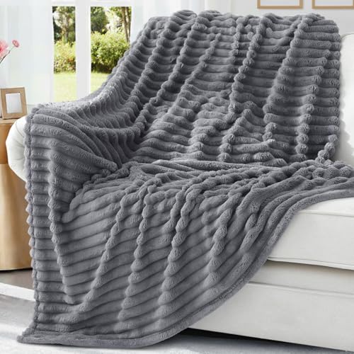decorUhome Grey Fleece Throw Blanket 50x60 Inches - Soft Couch Cozy Fluffy Plush Flannel Striped Blanket for Sofa Bed, Lightweight Decorative Ribbed Fuzzy Blanket for Woman