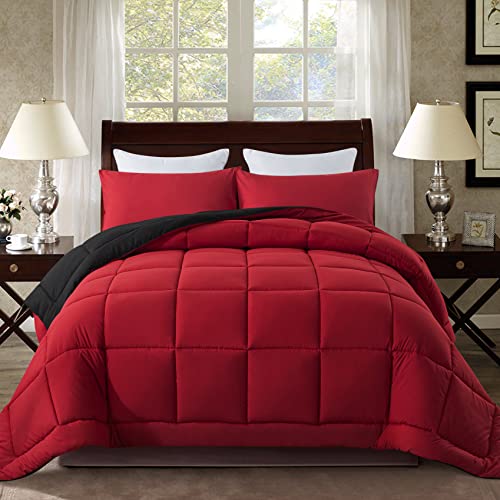 "DOWNCOOL Twin Comforter Set -All Season Bedding Comforters Sets with 1 Pillow Case -2 Pieces Bed Set Down Alternative Comforter Set -Red/Black Twin Bedding Sets(64""x88"")"
