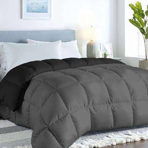 "ROYALE LINENS Reversible Comforter - Queen Size Duvet Insert - All Season Soft Quilted Comforters with 8 Corner Tabs - Down Alternative Bedding Comforter - Duvet Insert (Black/Charcoal, Queen 88""x88"")"