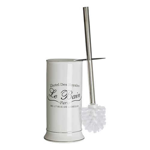 Premier Housewares Stylish White Stoneware Toilet Brush And Holder - Compact Bathroom Loo Brush Set With Black Lettering - Durable Lavatory Brushes With Stainless Steel Handle
