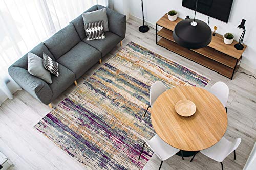 One Couture Rug Colourful Stripes Lines Rugs Used Look Fringes Beige Yellow Purple Blue Living Room Rug Dining Room Rug Hallway Runner Size: 80 cm x 150 cm