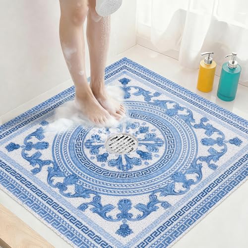 Square Shower Mat Non Slip: 32x32 Inch Extra Large Shower Mats with Drain Hole in Middle -Anti Slip Shower Mats for Inside Shower -Loofah Shower Floor Mat Bath Mat for Shower Stall Bathtub Elderly
