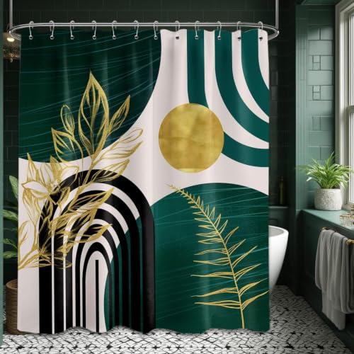 "QGHOT Dark Green Shower Curtain Boho Mid Century Modern Emerald Hunter Green and Gold Shower Curtains for Bathroom Decor, Waterproof Cloth Fabric with Hooks, 70"" W x 84"" L"
