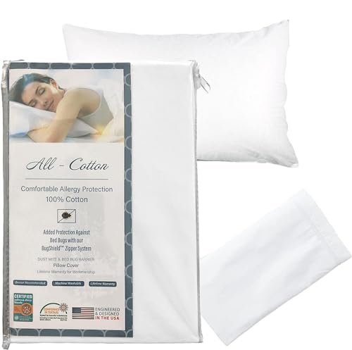 National Allergy Premium 100% Cotton Zippered Pillow Protector - Queen Size - White - 300 Thread Count - Hypoallergenic Bed Pillowcase with Zipper - Breathable Encasement Cover