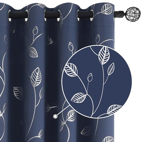 BUHUA Navy Blackout Curtains 84 Inches Long, Darkening Curtains for Bedroom Window Curtain Panels with Leaf Pattern (52 x 84 Inch, Navy Blue, 2 Panels)