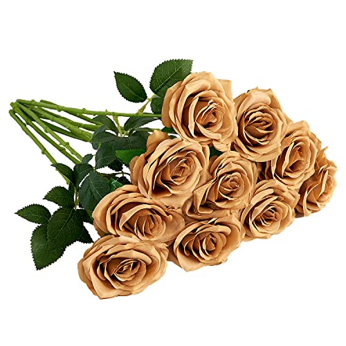 IUKnot Artificial Rose 10pcs Open Flower Bouquet Faux Rose Stems for Wedding Arrangement, Bridal Bouquet, Centerpiece, Fake Faux Silk Flowers (Toffee)