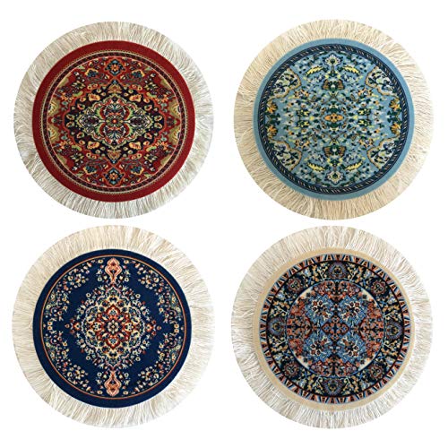 Turkish Rug Coasters Set of 4 ??? Round Carpet-Style Drink mats with Fringe, Non-Slip Backing, Decorative Home Accent - Dining Accessory