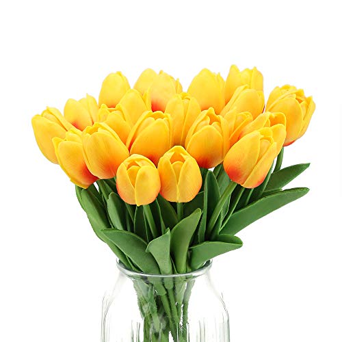IPOPU Artificial Tulips Flowers 24pcs Sunset Fake Tulips Real Touch Faux Tulips for Wedding Bouquet Party Decorations Baby Shower Centerpieces Bridal Bouquet Decor (Sunset)